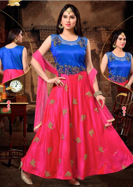 Blue with pink Embroidered Cotton Silk Anarkali with Net Duppata