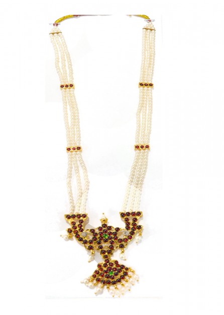  Maroon and Green with Pearls Bharatanatyam Long Necklace