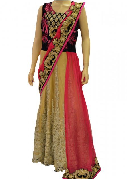 Velvet Embroidery Gown in Black and Gold with Pink 