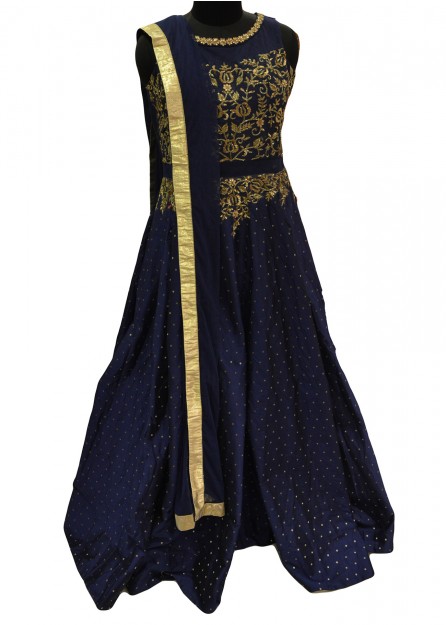 Navy Blue Embroidered Silk Gown