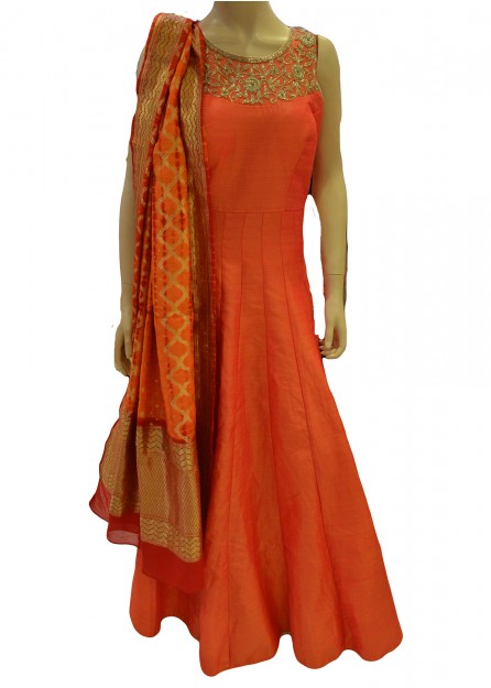 Orange Printed Silk Gown