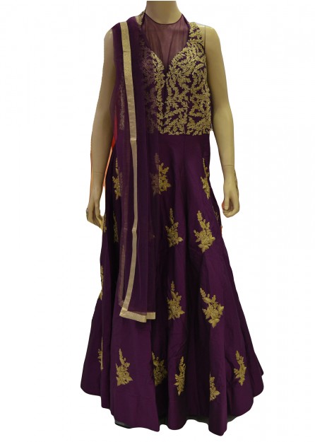 Silk and Net Hand Embroidered Gown in Dark Purple