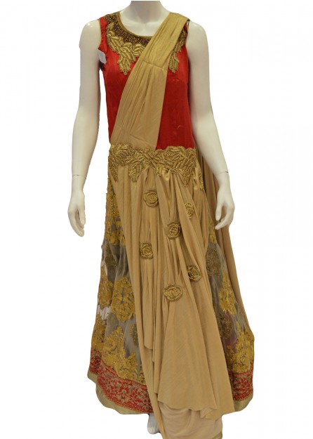 Red with Gold Net with Thread Work Gown