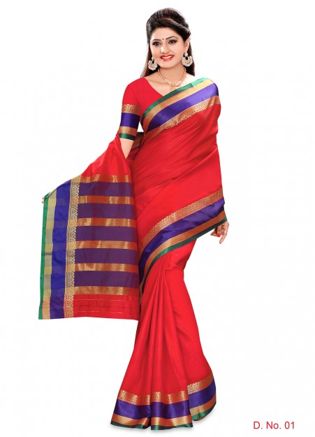 Red Semi Silk Saree With Contrast Double Border 