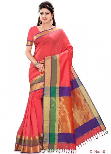 Coral Red Net Saree With Multi-Colored Border And Designer Blouse – Pure  Elegance