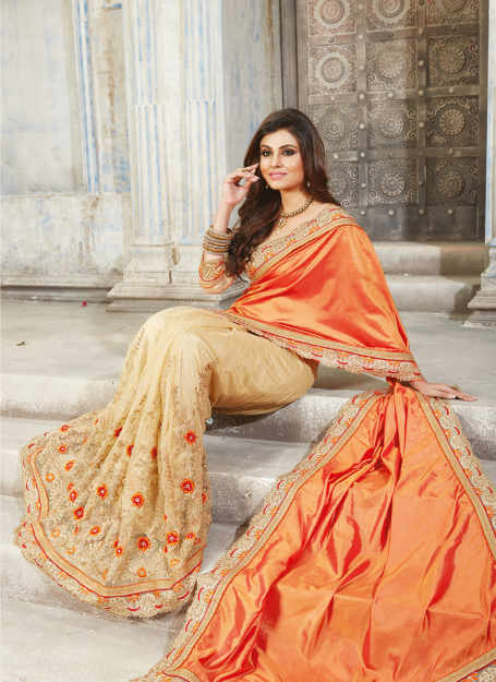 Embroidered Net & Art Silk Saree in Beige & Orange