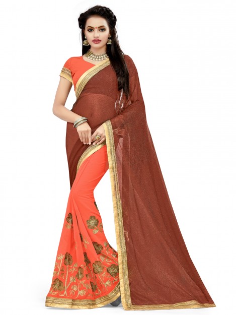Peach & Maroon Semi Georgette With Heavy Embroidery