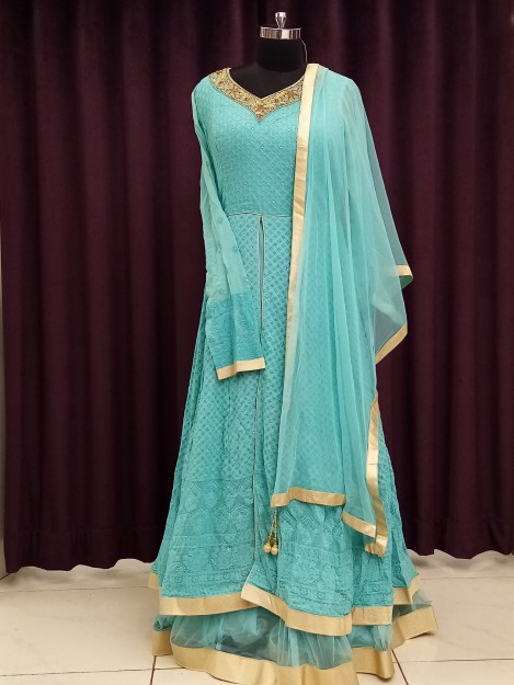 Classy Sea Blue Art Silk Gown With Embroidery