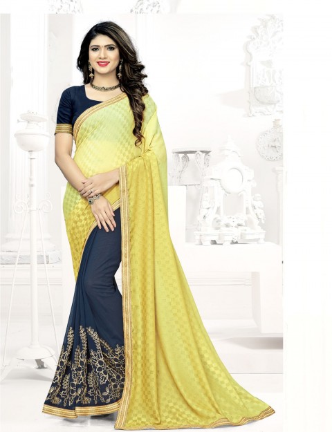 Navy Blue & Yellow Silk Georgette Saree With Embroidery