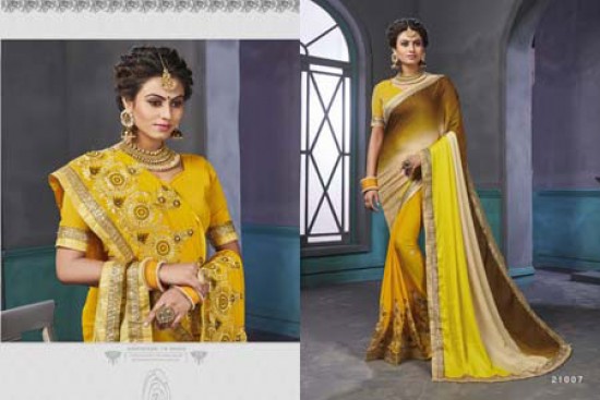 Yellow & Light Brown Embroidered Georgette Saree