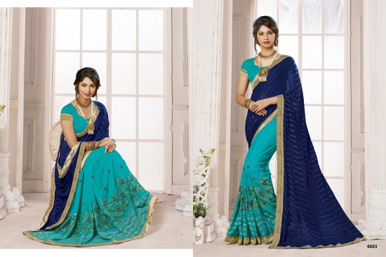 Firozi & Navy Blue Silk Georgette Saree With Embroidery