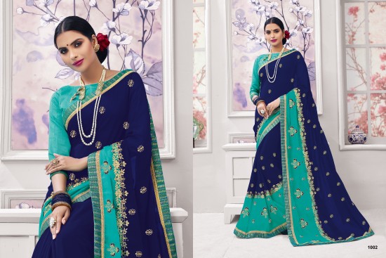 Navy Blue & Blue Silk Georgette Saree With Embroidery