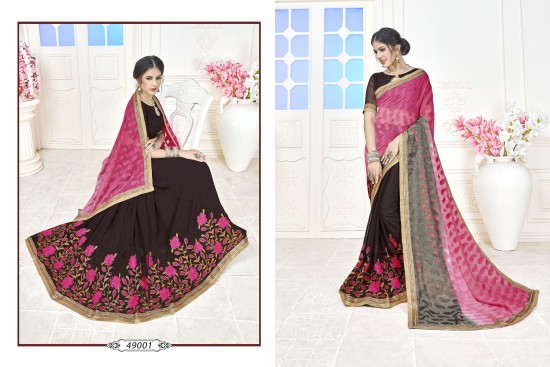 Brown & Pink Embroidered Georgette Saree