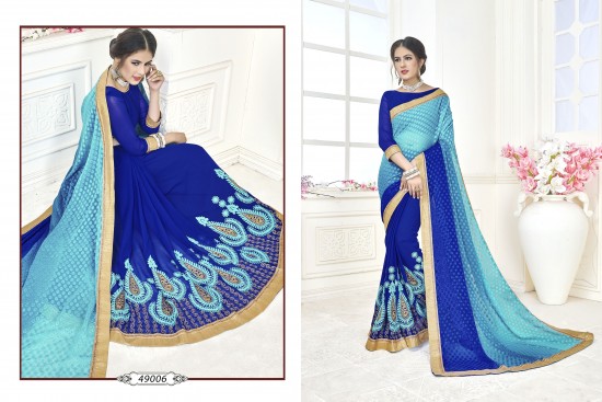 Navy Blue & Sky Blue Embroidered Georgette Saree