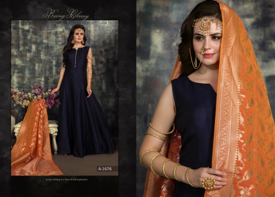 Buy Navy Blue Rayon Party Wear Foil Printed Gown With Dupatta Online From  Wholesale Salwar.
