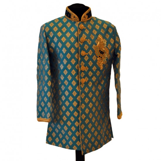 Kids Blue Brocade With Antique Embroidery Sherwani