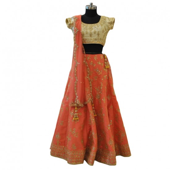 Cream & Coral With Gold Embroidery Lehenga 