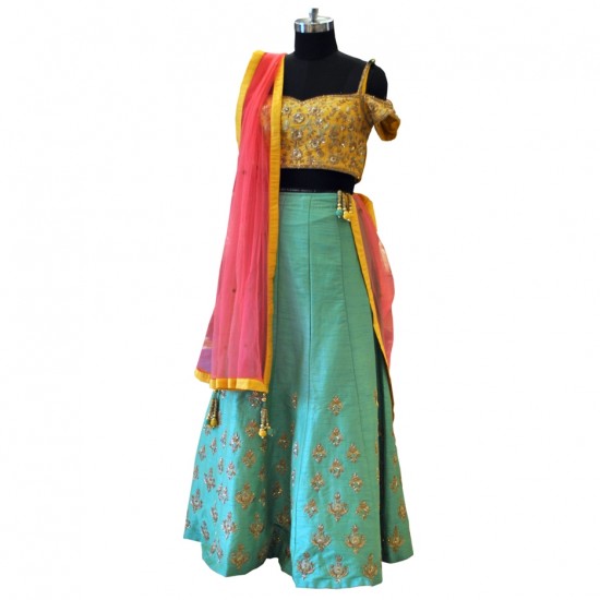 Yellow, Blue & Pink With Gold Embroidery Lehenga 