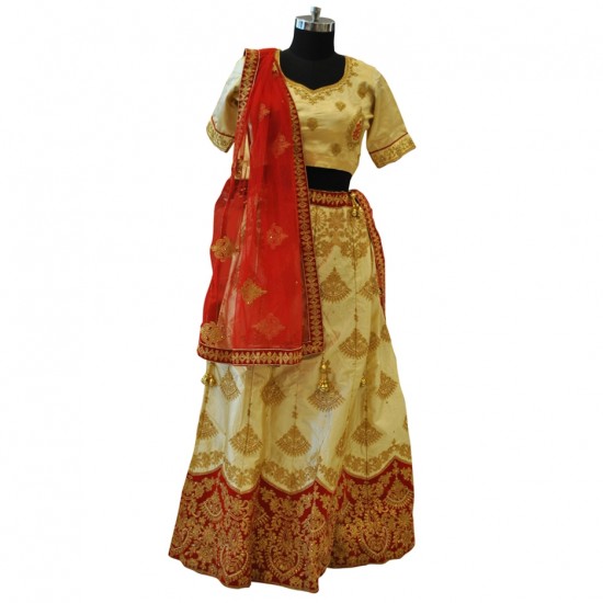 Cream & Red With Gold Embroidery Lehenga 