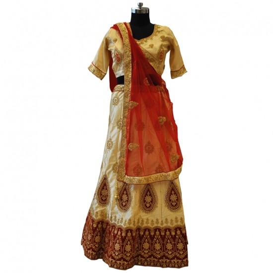 Cream & Red With Gold Embroidery Lehenga 