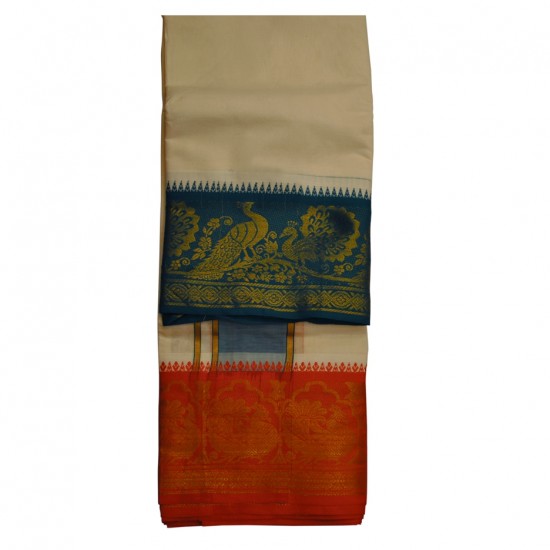 Veshti With Thick Printed Blue And Red Border