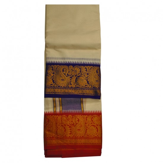 Veshti With Thick Printed Royal Blue And Red Border