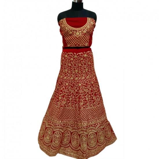 Velvet Red With Gold Embroidery Bridal Lehenga 