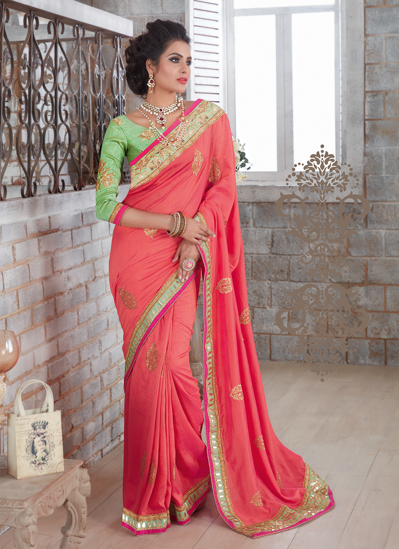 Embroidered Art Silk Saree With Double Border In Amaranth