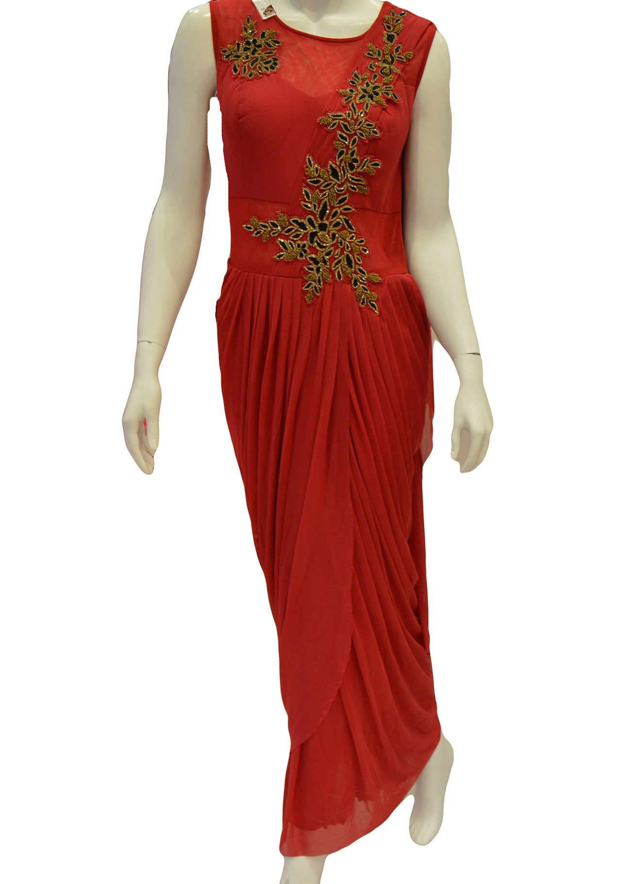 Embroidered Dhoti Gown in Red