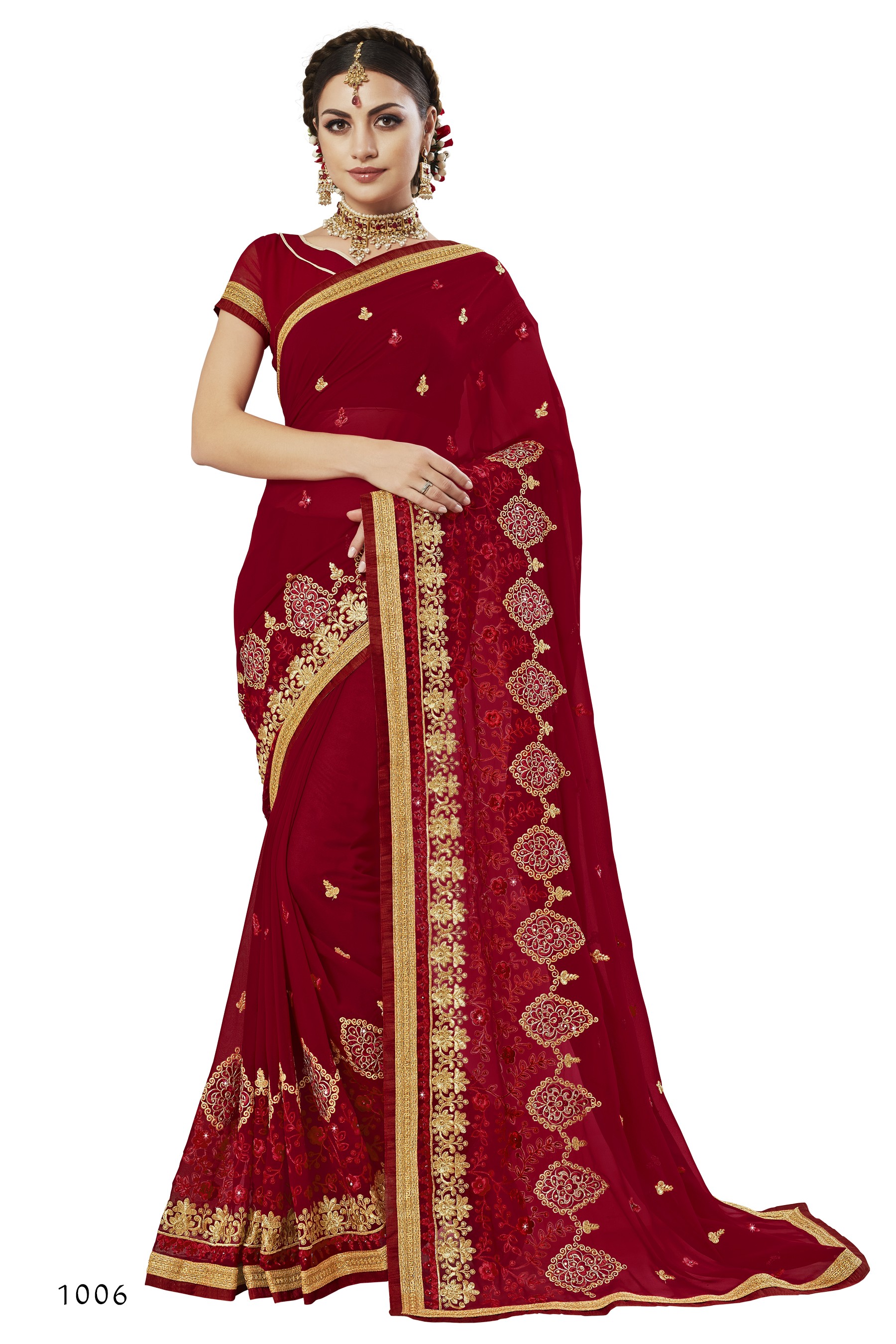 Dark Red Semi Georgette Saree With Embroidery