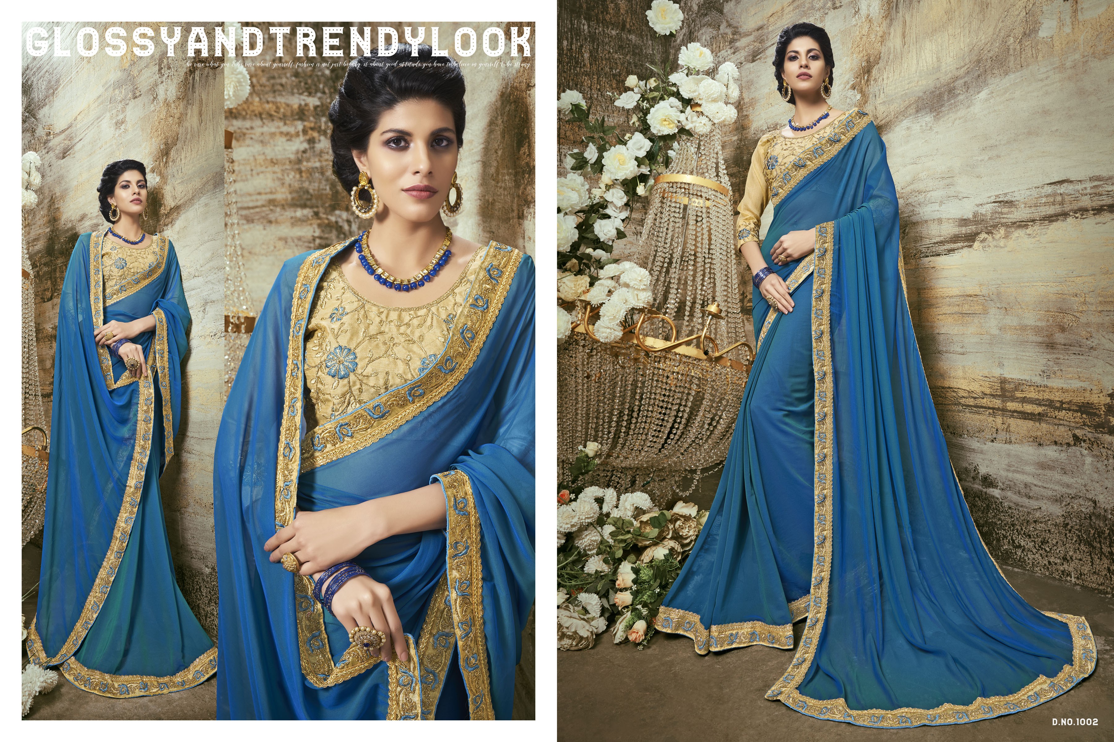 Peacock blue Embroidered Georgette Saree