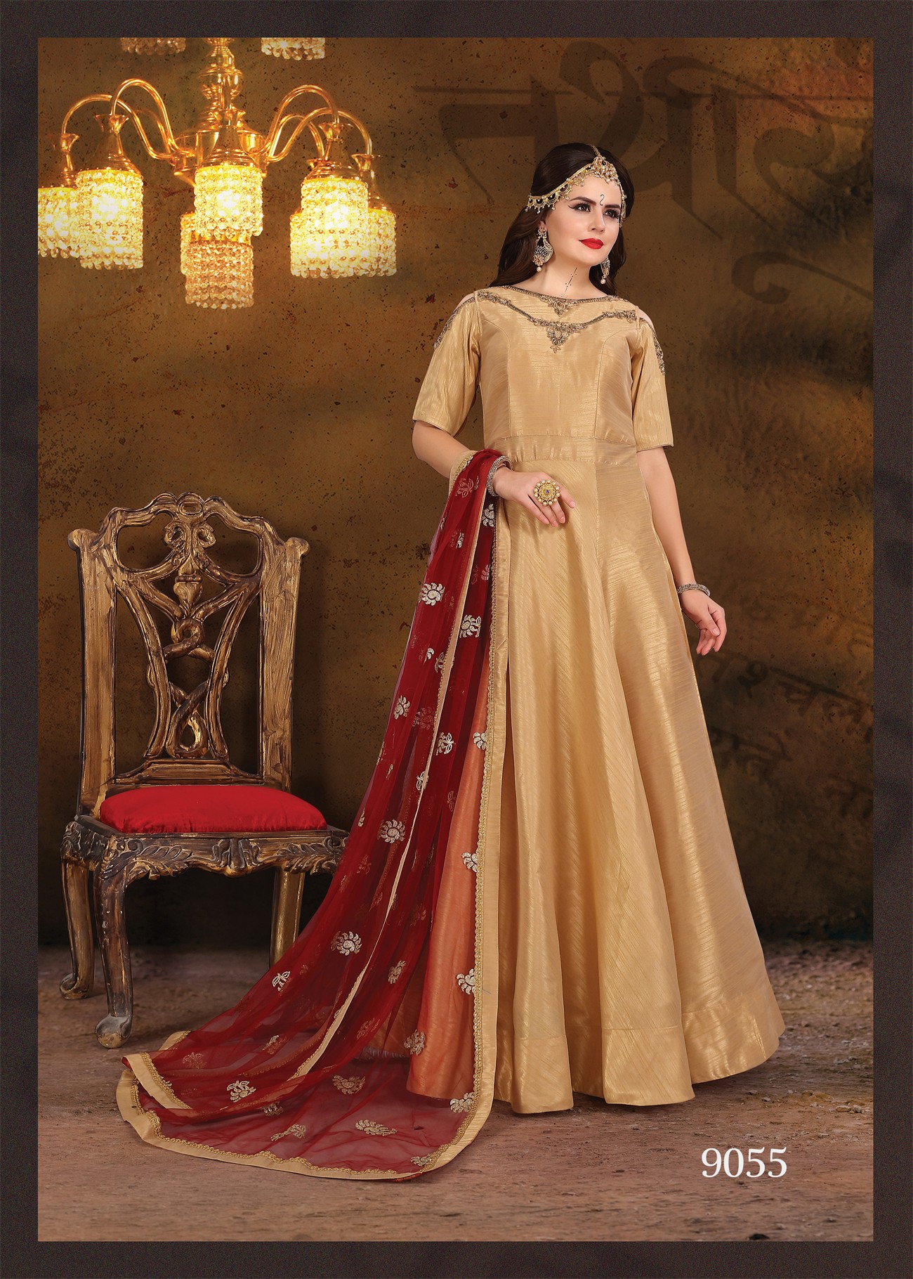 Red Marron Flared Dress With Palazzo With Blue Dupatta - Rangpur - 3069787