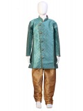 Kids Sea Blue & Beige Raw Silk With Embroydary & Antique Buttons Kurta Pyjama