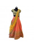 Blue, Yellow & Coral With Gold Thread Work Lehenga 