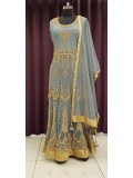 Grey With Gold Net Art Silk Gown With Embroidery