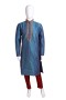 Sky Blue & Red Raw Silk With Embroydary Kurta Pyjama